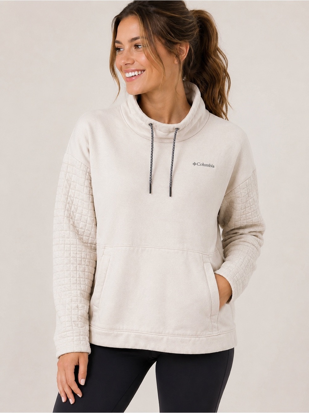 Columbia Quilted Sleeve Funnel Neck Pullover Sweatshirt XS Cream Ivory